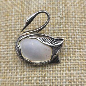 VTG Sterling Silver Swan Brooch pin Carved Mother of Pearl Shell Belly Goose